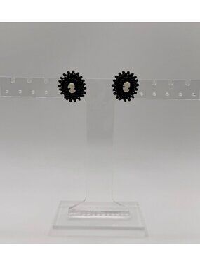 Vintage Black Beaded Cameo Screw Back Earrings Victorian Revival Unsigned